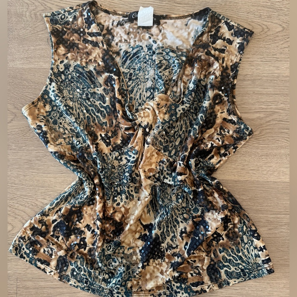 Y2K Only Nine Sleeveless Blouse Abstract Animal Print & Sequin Embellishments M